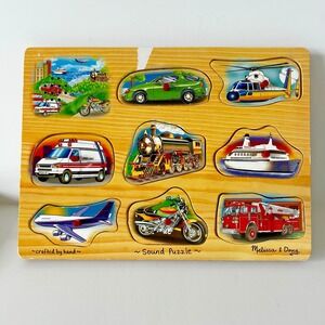 Melissa And Doug Transportation Vehicles Wooden Peg Puzzle with Sounds Preschool